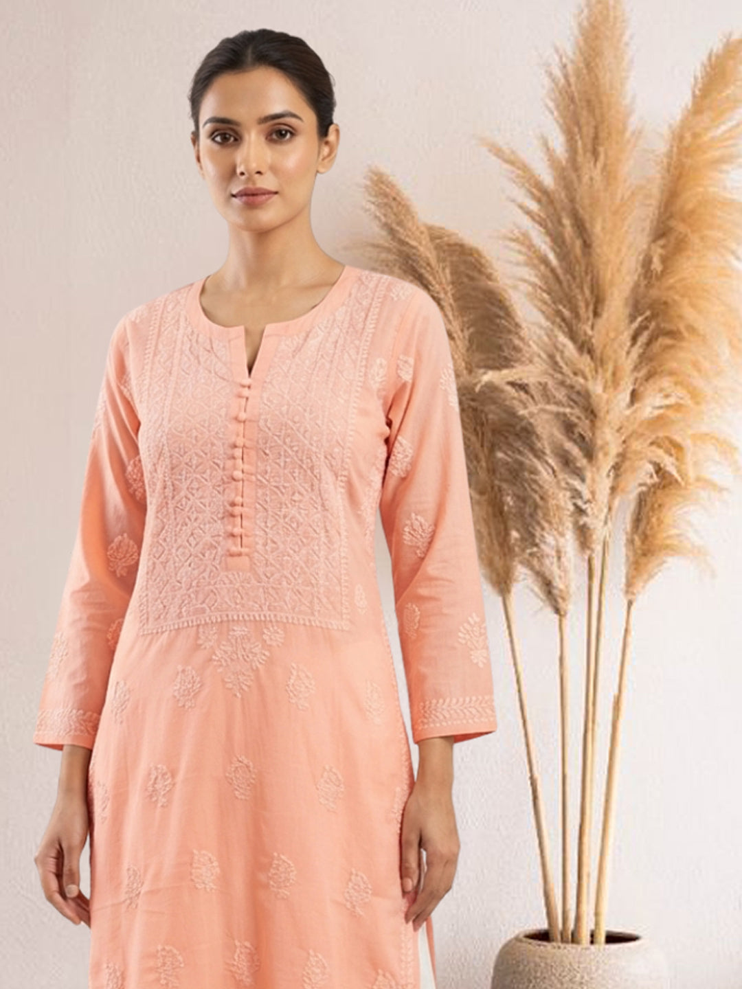 Hand Embroidered Chikankari Cotton Straight Kurta- PC3579 Peachpuff