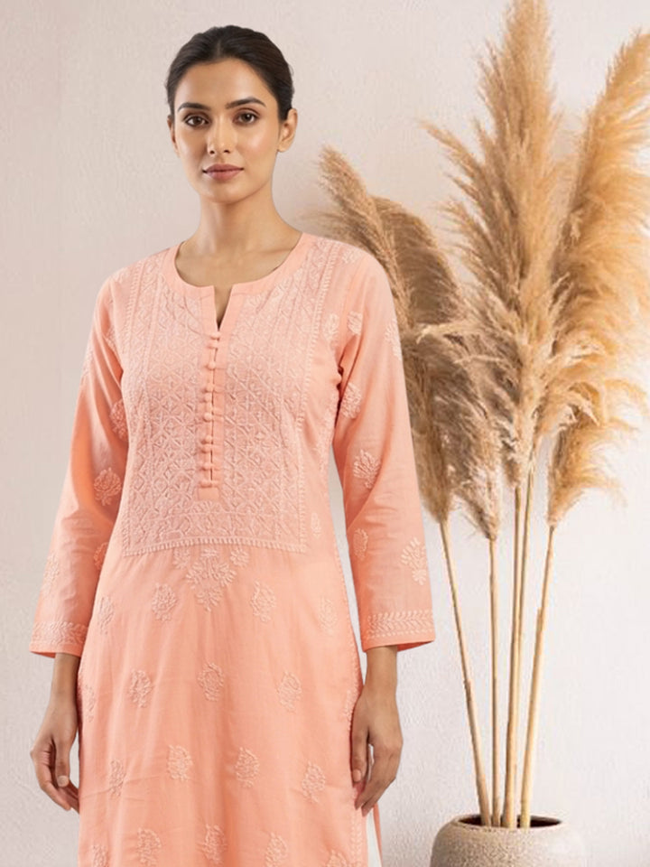 Hand Embroidered Chikankari Cotton Straight Kurta- PC3579 Peachpuff