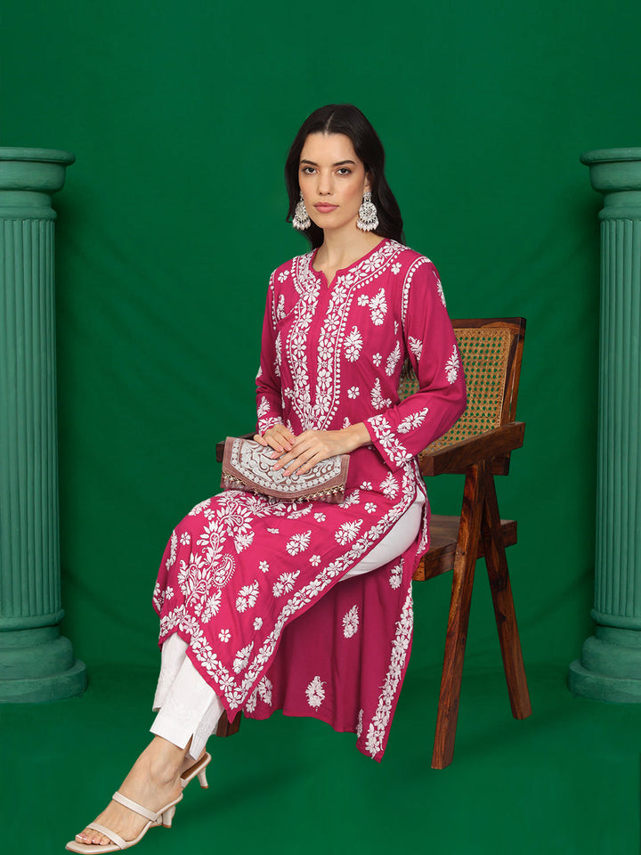 Hand Embroidered Chikankari Modal Straight Kurta- PC4042 Magenta