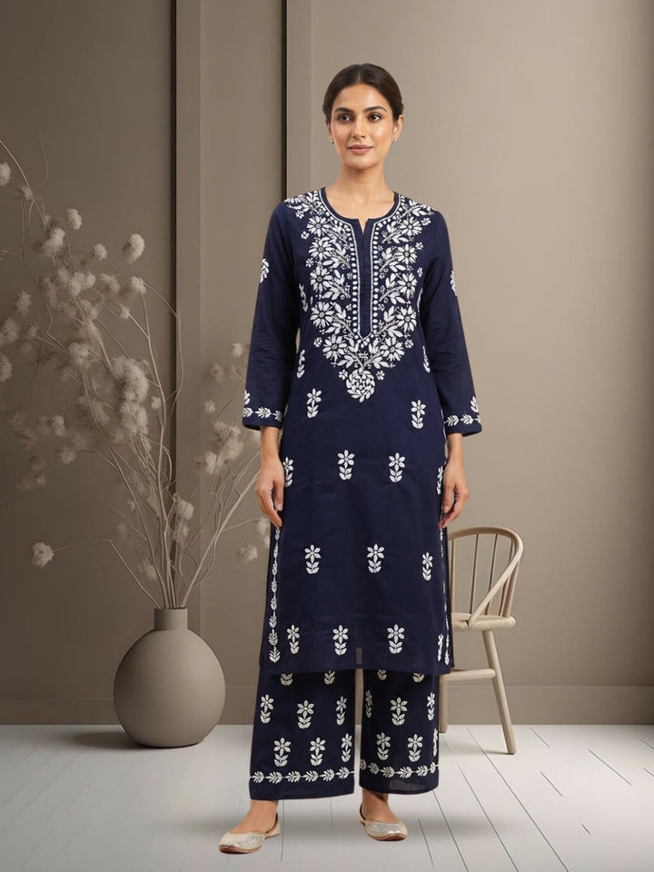 Women Hand Embroidered Chikankari Cotton Kurta Set PC4135KS Navy