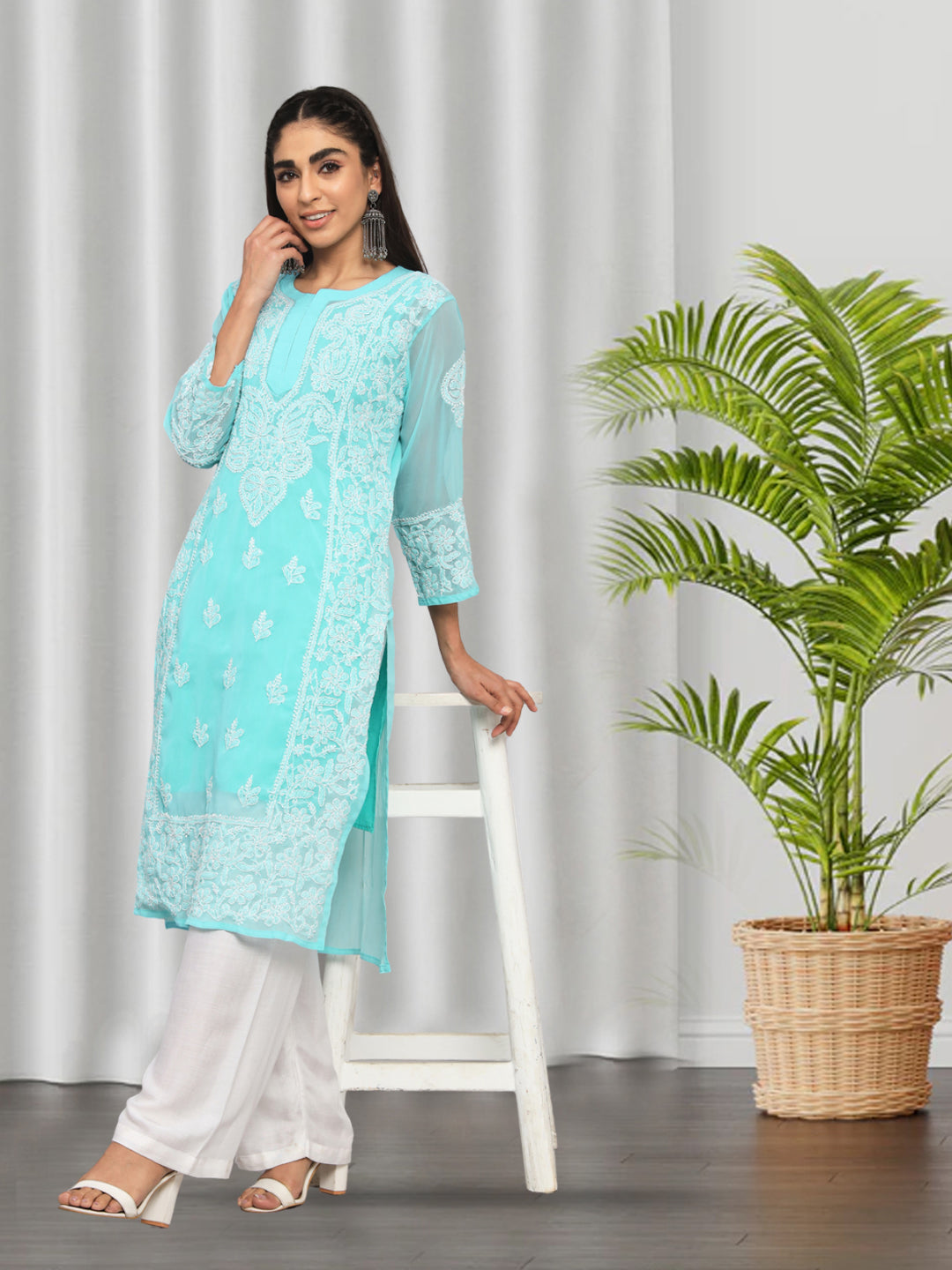 Hand Embroidered Chikankari Georgette straight Kurta With Matching Slip- PC3485