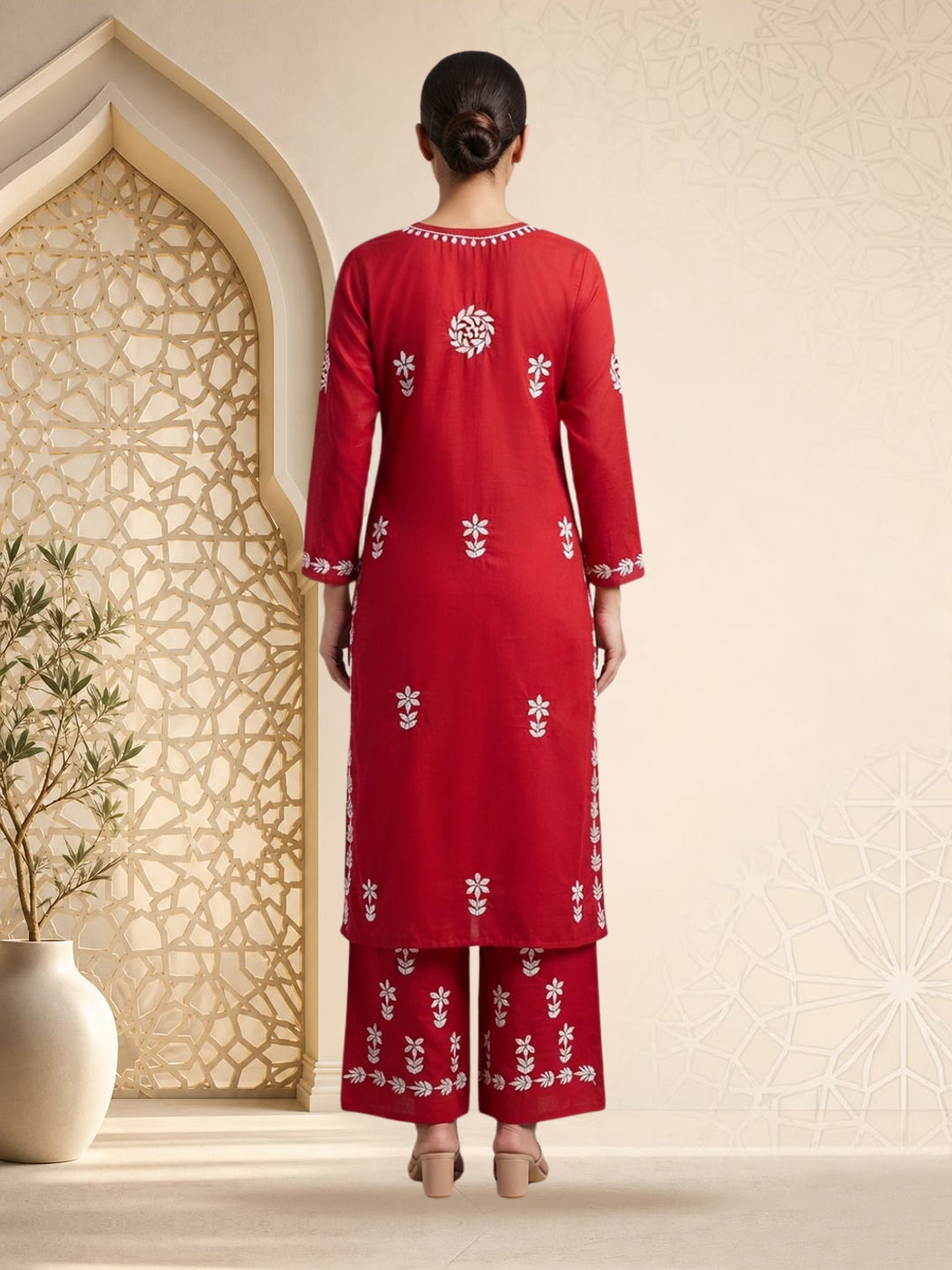 Women Hand Embroidered Chikankari Cotton Kurta Set PC4135KS Red
