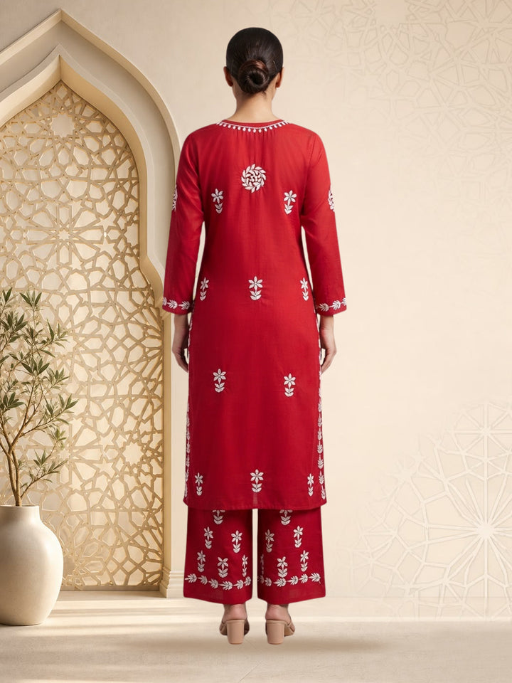 Women Hand Embroidered Chikankari Cotton Kurta Set PC4135KS Red