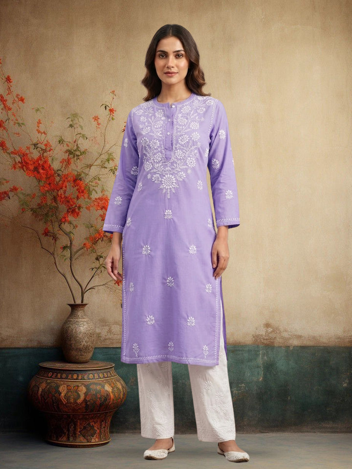 Hand Embroidered Chikankari Straight Floral  Cotton Kurta -NTV115 Purple