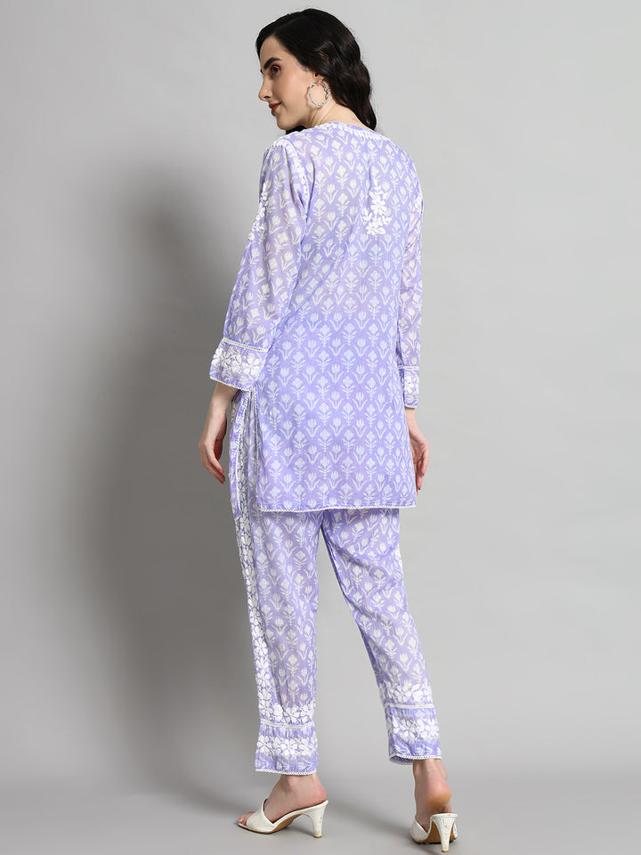 Hand Embroidered Mulmul Printed Cotton Chikankari Women's 2 PC Co-ord Set - PC4055