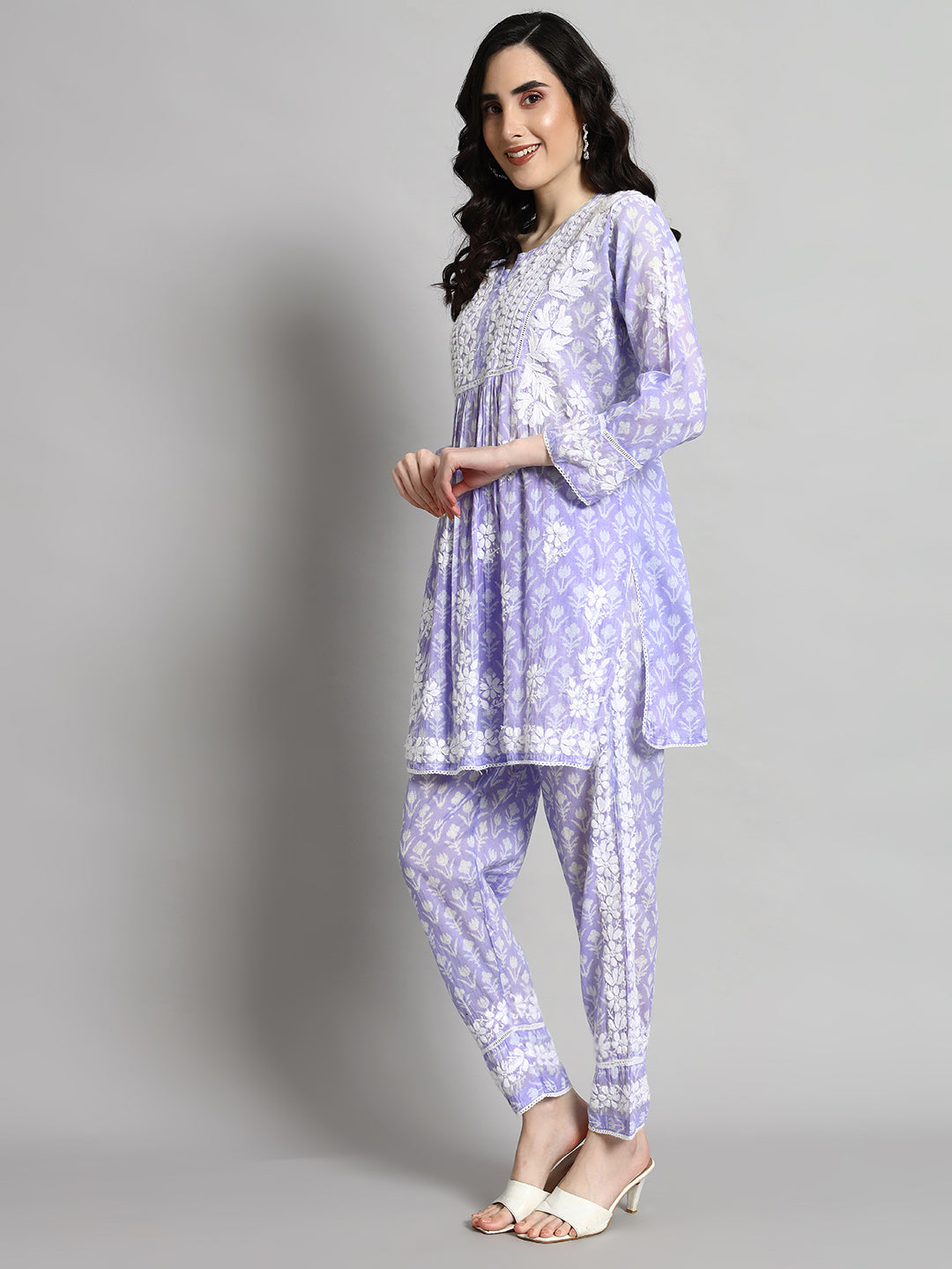 Hand Embroidered Mulmul Printed Cotton Chikankari Women's 2 PC Co-ord Set - PC4055