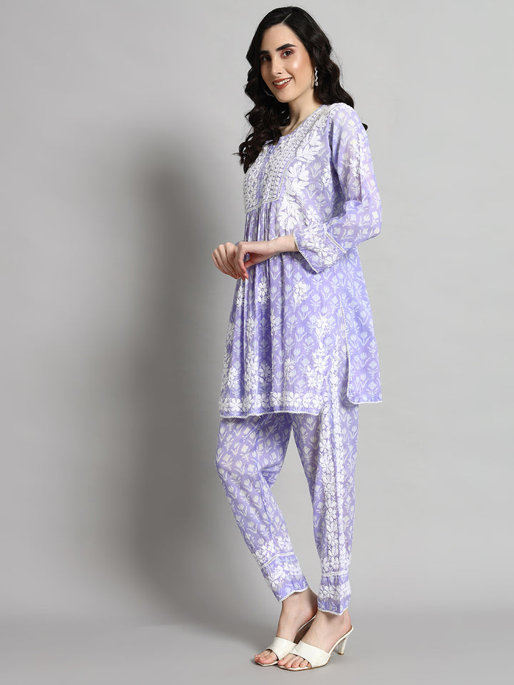 Hand Embroidered Mulmul Printed Cotton Chikankari Women's 2 PC Co-ord Set - PC4055