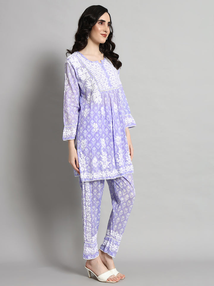 Hand Embroidered Mulmul Printed Cotton Chikankari Women's 2 PC Co-ord Set - PC4055