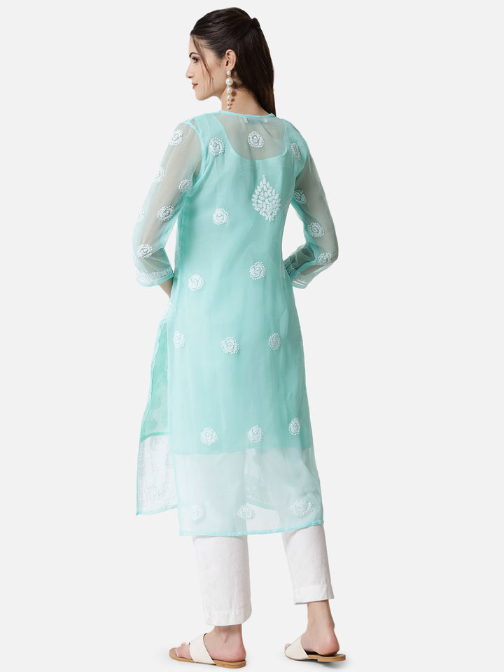 women Hand Embroidered Chikankari Georgette Straight Kurta With Matching Slip- PC3533