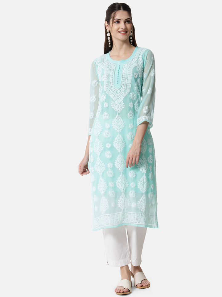 women Hand Embroidered Chikankari Georgette Straight Kurta With Matching Slip- PC3533