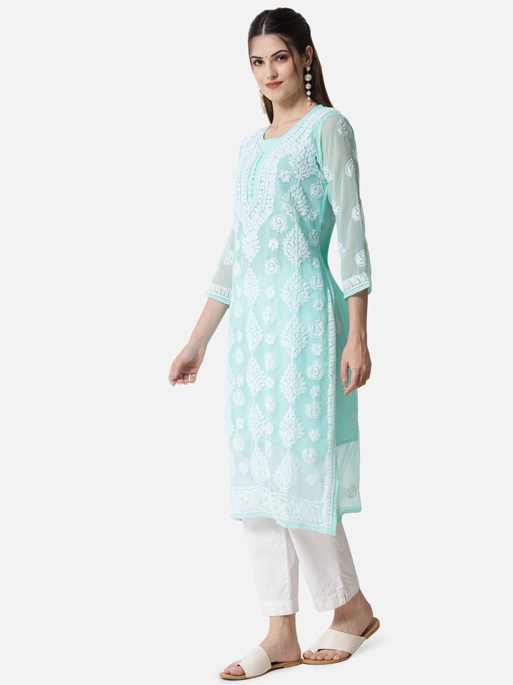 women Hand Embroidered Chikankari Georgette Straight Kurta With Matching Slip- PC3533