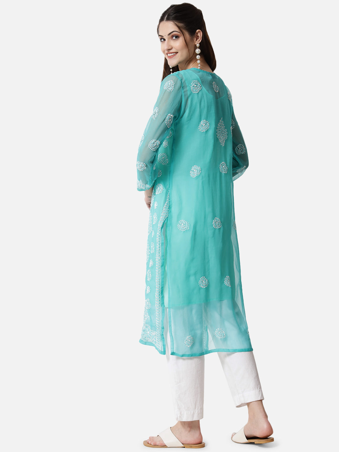 women Hand Embroidered Chikankari Georgette Straight Kurta With Matching Slip- PC3533