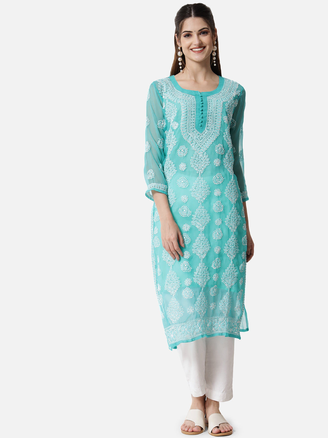 women Hand Embroidered Chikankari Georgette Straight Kurta With Matching Slip- PC3533