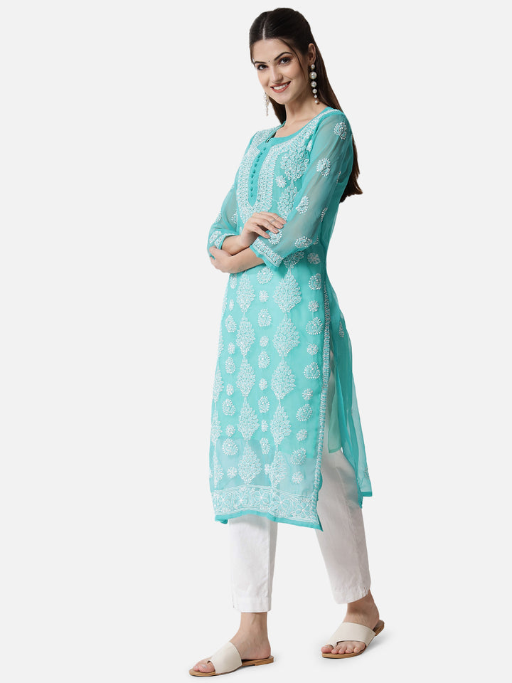 women Hand Embroidered Chikankari Georgette Straight Kurta With Matching Slip- PC3533