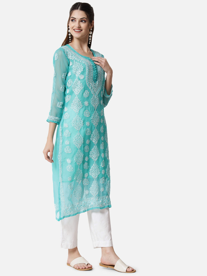 women Hand Embroidered Chikankari Georgette Straight Kurta With Matching Slip- PC3533