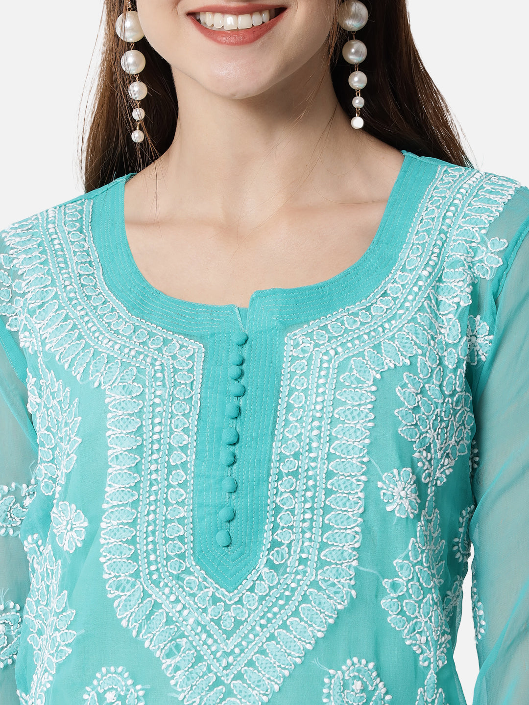 women Hand Embroidered Chikankari Georgette Straight Kurta With Matching Slip- PC3533