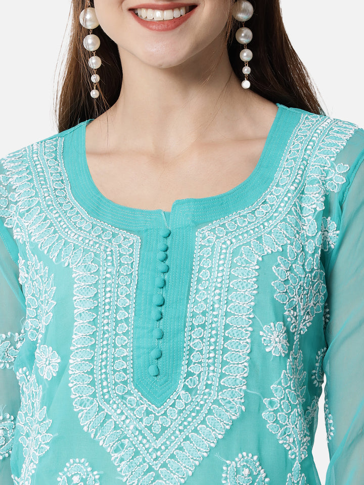 women Hand Embroidered Chikankari Georgette Straight Kurta With Matching Slip- PC3533