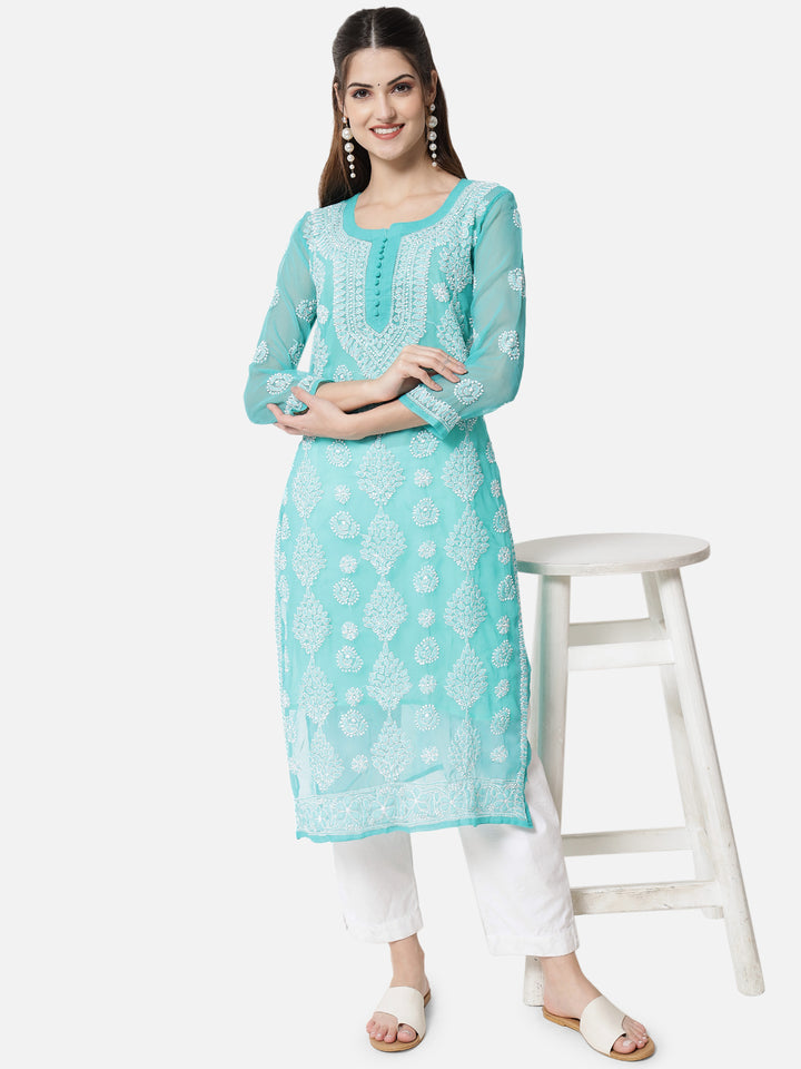 women Hand Embroidered Chikankari Georgette Straight Kurta With Matching Slip- PC3533