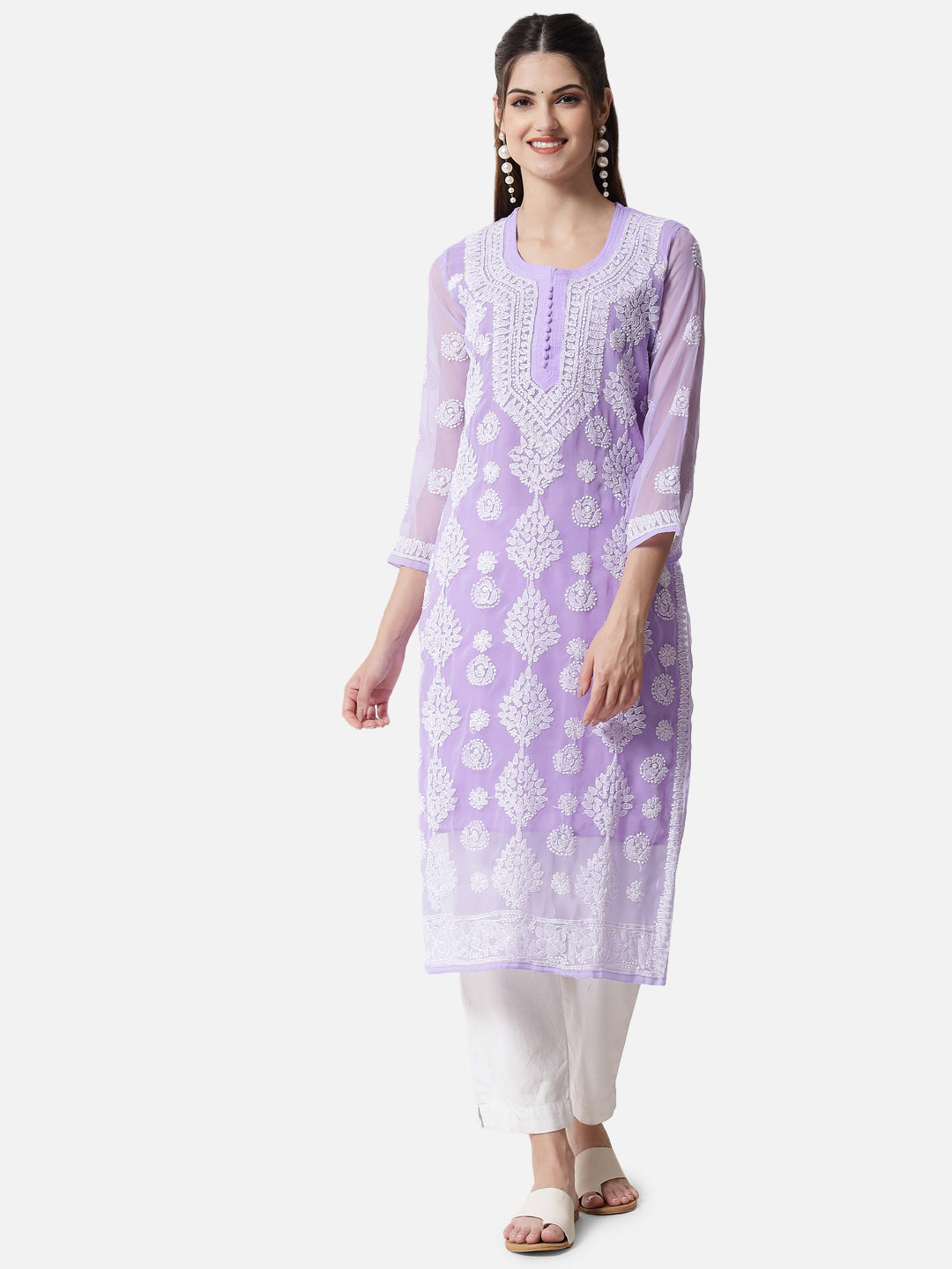 women Hand Embroidered Chikankari Georgette Straight Kurta With Matching Slip- PC3533