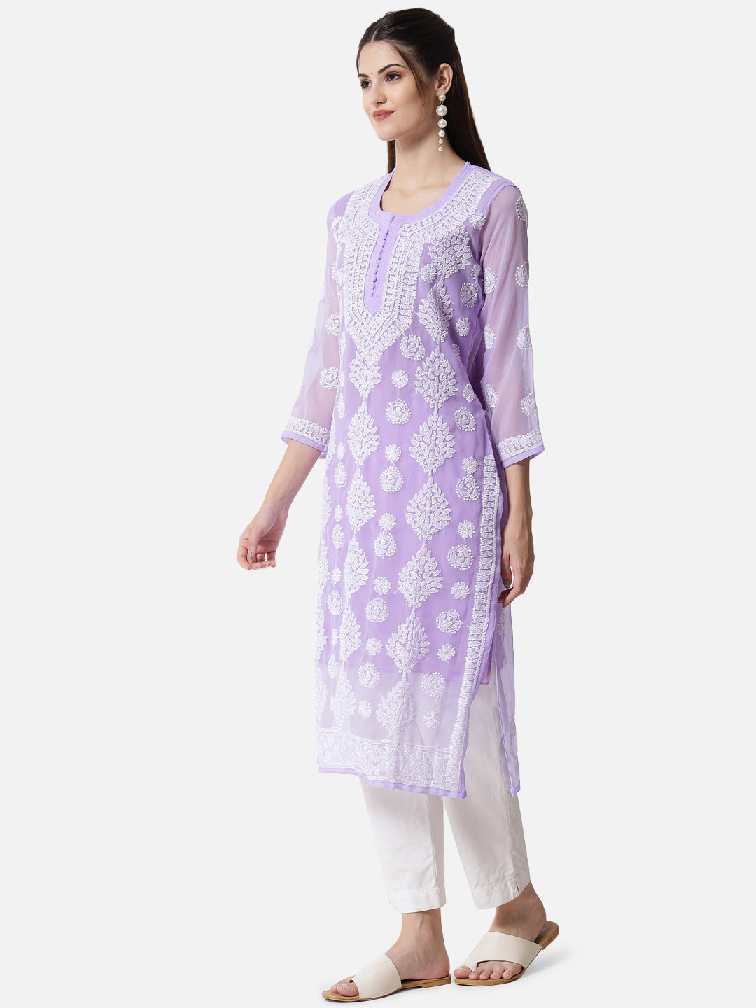 women Hand Embroidered Chikankari Georgette Straight Kurta With Matching Slip- PC3533