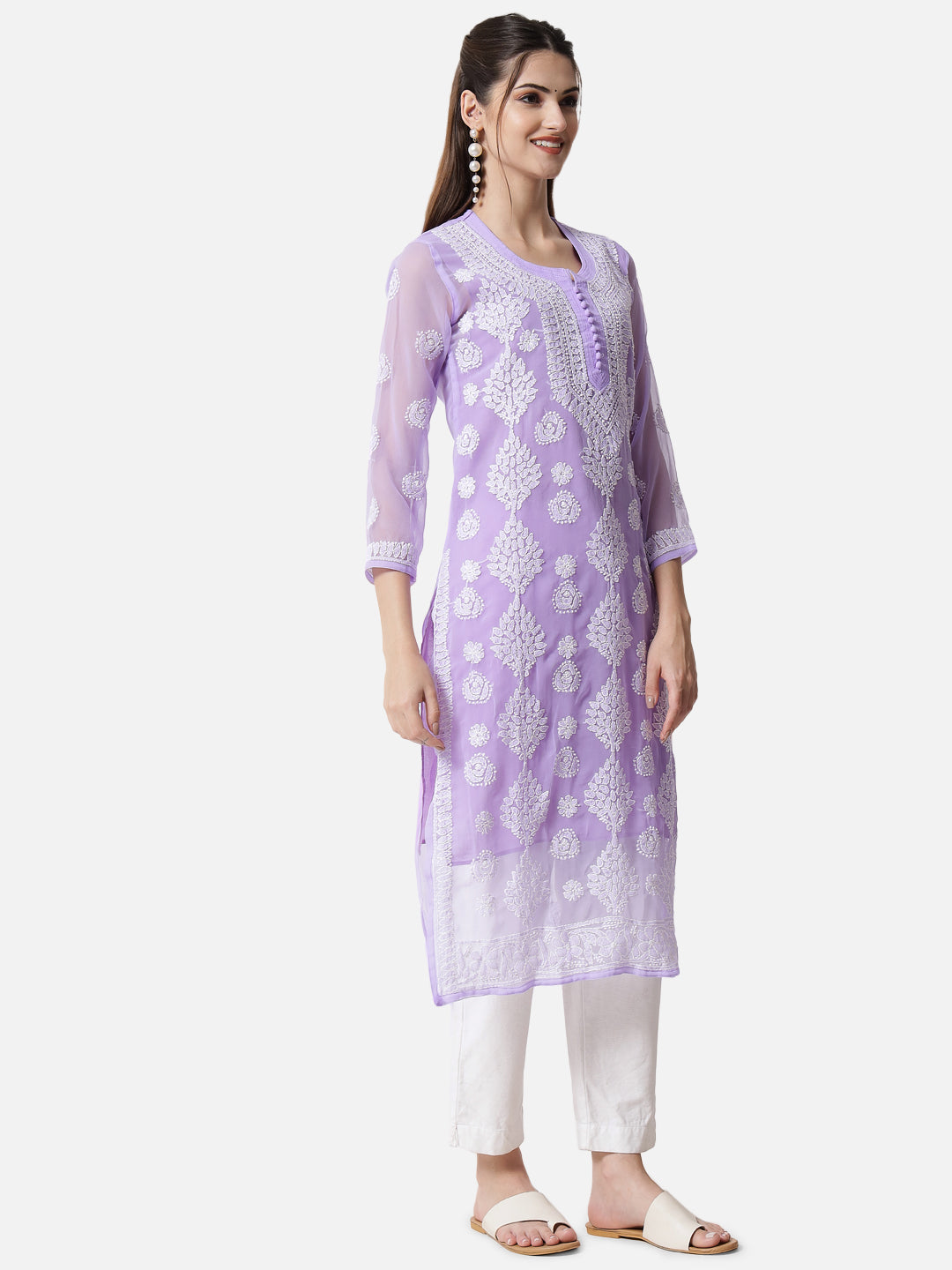 women Hand Embroidered Chikankari Georgette Straight Kurta With Matching Slip- PC3533