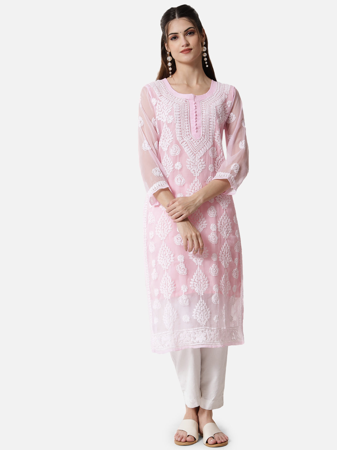 women Hand Embroidered Chikankari Georgette Straight Kurta With Matching Slip- PC3533