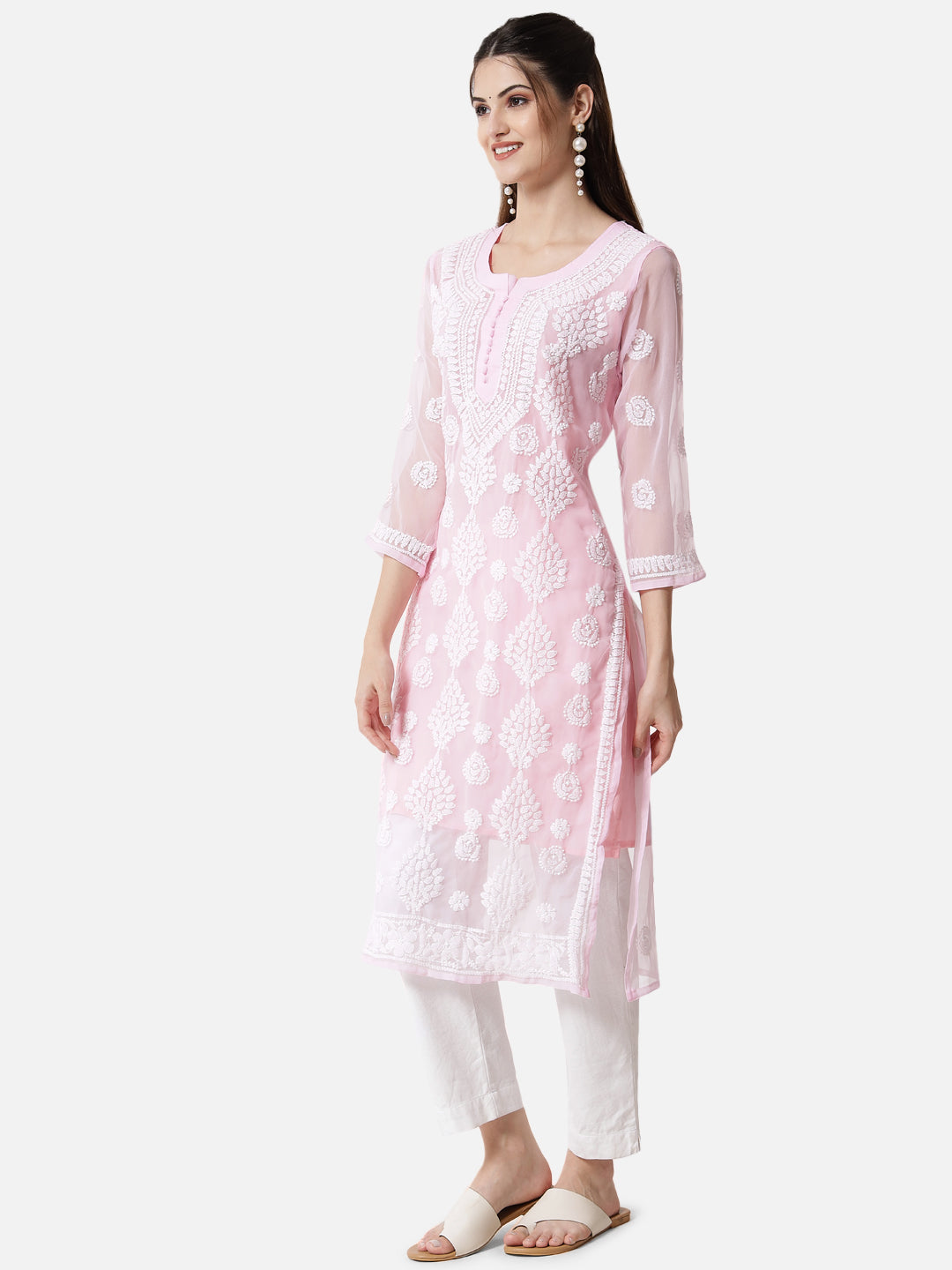 women Hand Embroidered Chikankari Georgette Straight Kurta With Matching Slip- PC3533