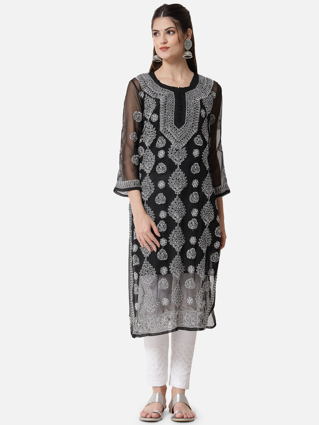 women Hand Embroidered Chikankari Georgette Straight Kurta With Matching Slip- PC3533