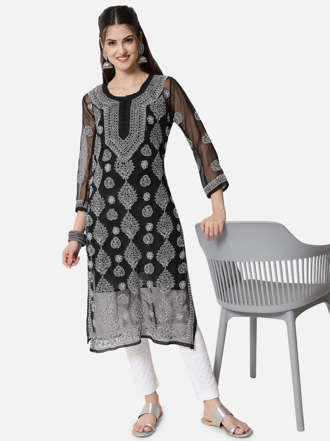 women Hand Embroidered Chikankari Georgette Straight Kurta With Matching Slip- PC3533