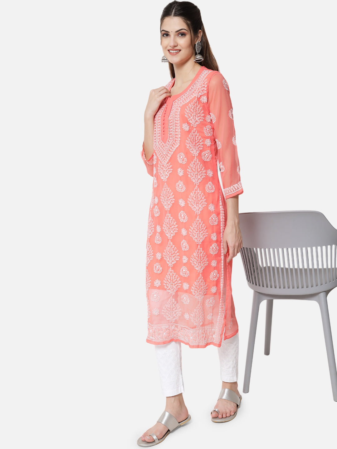 women Hand Embroidered Chikankari Georgette Straight Kurta With Matching Slip- PC3533