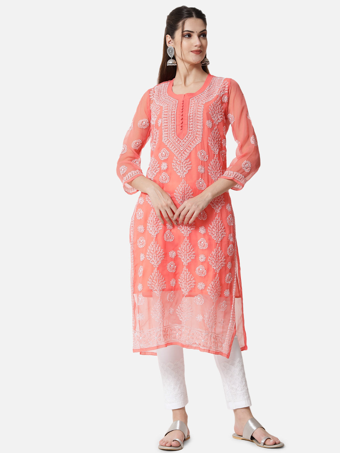 women Hand Embroidered Chikankari Georgette Straight Kurta With Matching Slip- PC3533