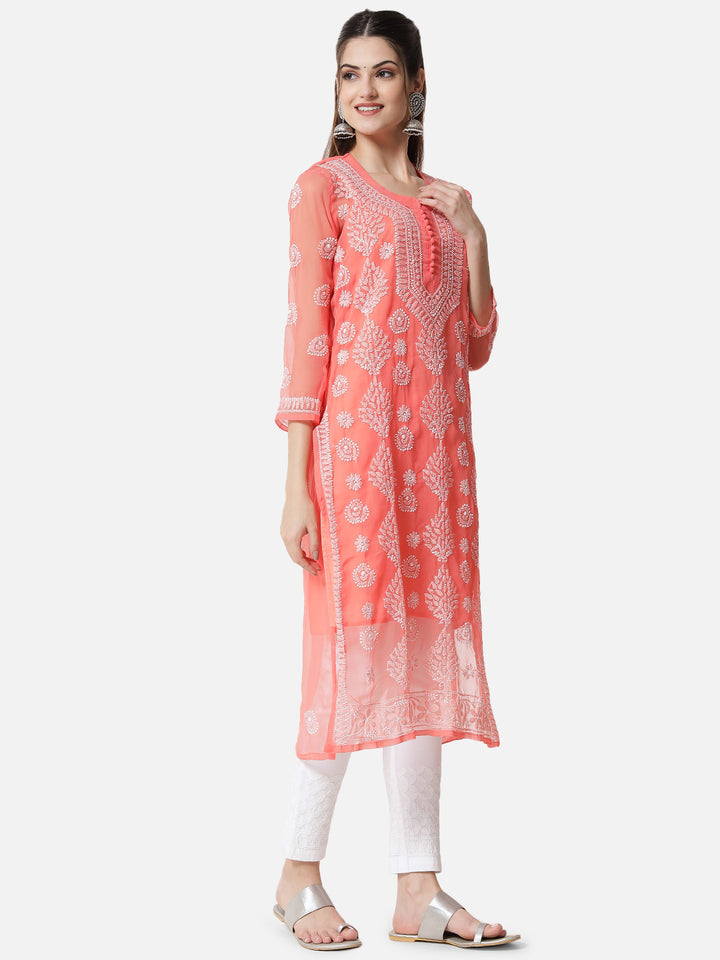 women Hand Embroidered Chikankari Georgette Straight Kurta With Matching Slip- PC3533