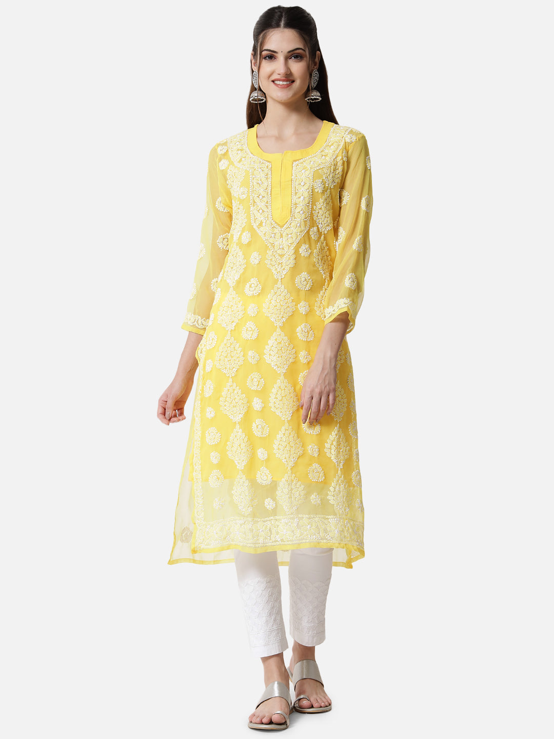 women Hand Embroidered Chikankari Georgette Straight Kurta With Matching Slip- PC3533