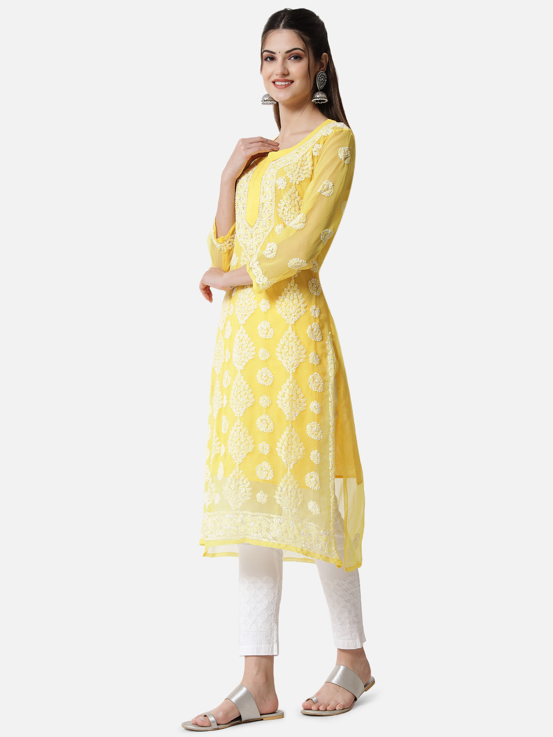 women Hand Embroidered Chikankari Georgette Straight Kurta With Matching Slip- PC3533