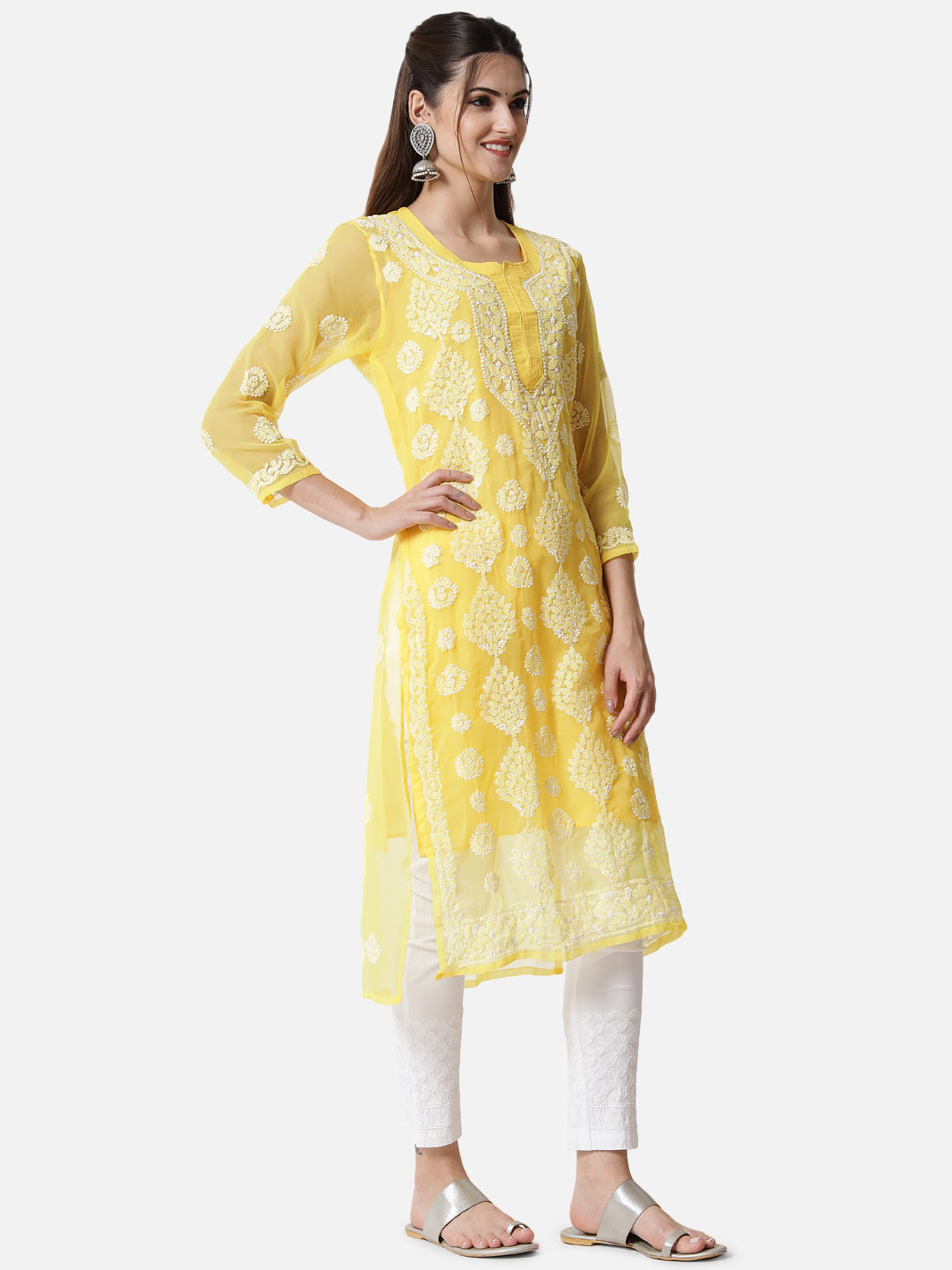 women Hand Embroidered Chikankari Georgette Straight Kurta With Matching Slip- PC3533