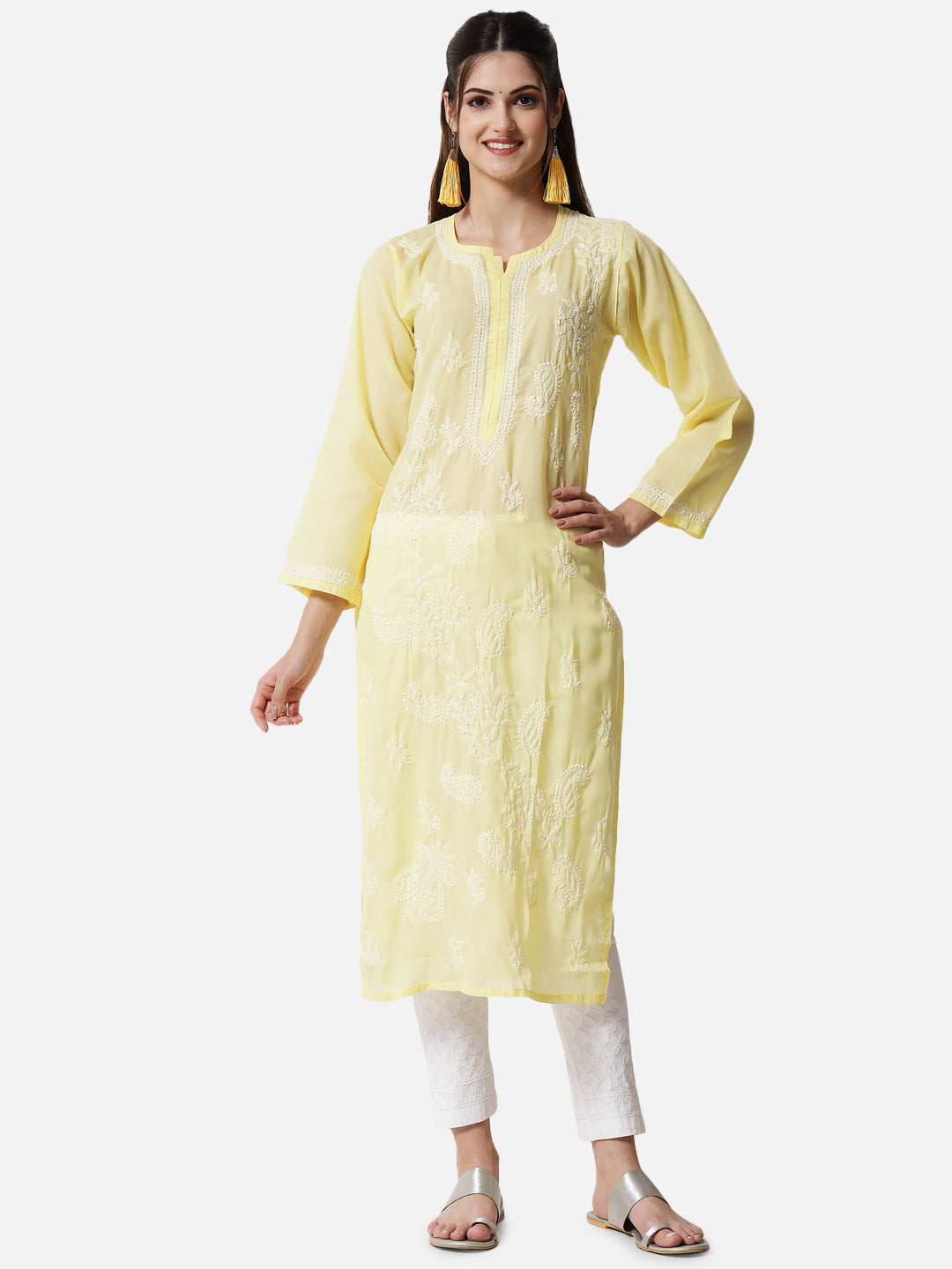 Hand Embroidered Chikankari Cotton Straight Kurta PC3496