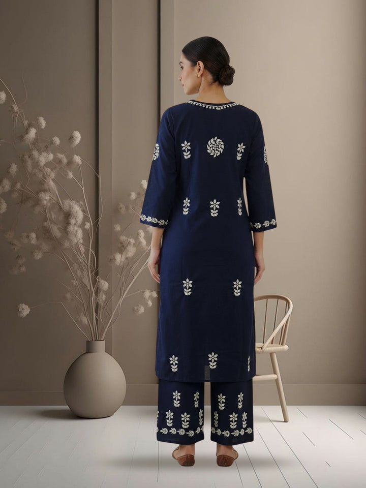 Women Hand Embroidered Chikankari Cotton Kurta Set PC4135KS Navy