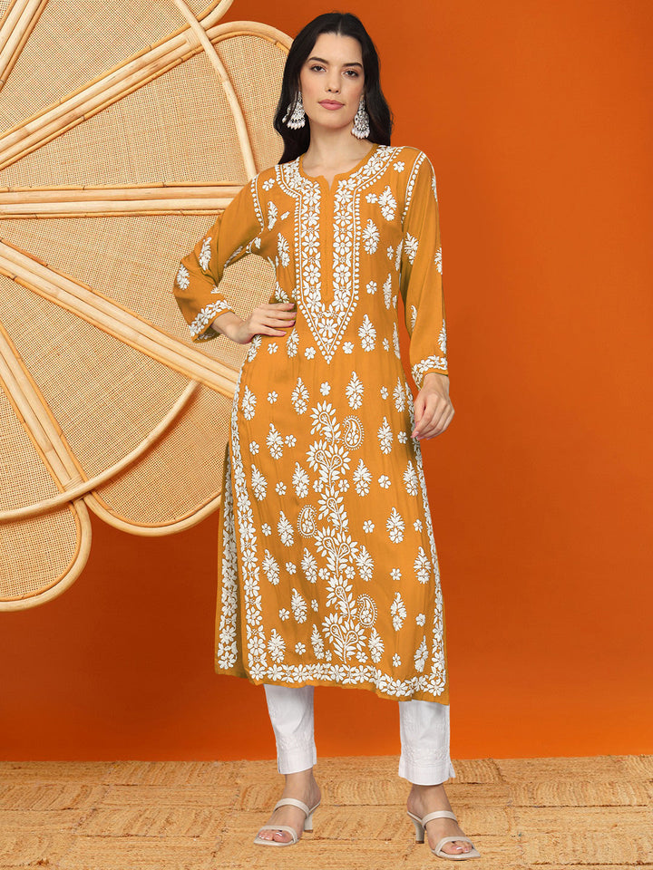 Hand Embroidered Chikankari Modal Straight Kurta- PC4042 Goldenrod