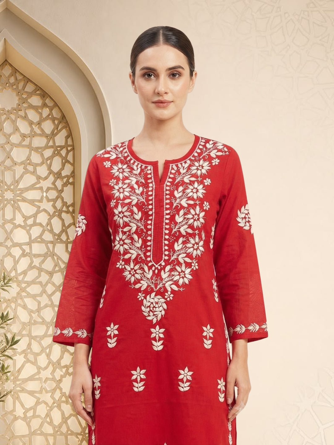 Women Hand Embroidered Chikankari Cotton Kurta Set PC4135KS Red