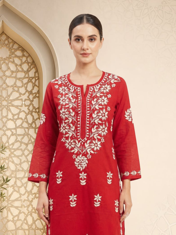 Women Hand Embroidered Chikankari Cotton Kurta Set PC4135KS Red