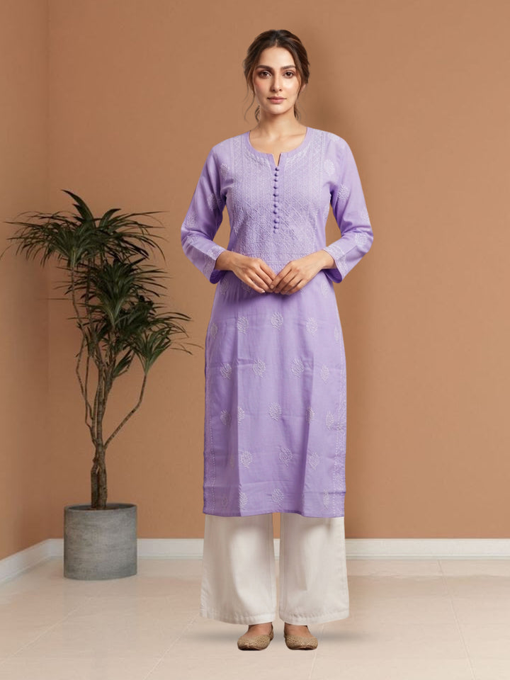 Hand Embroidered Chikankari Cotton Straight Kurta- PC3579 Purple