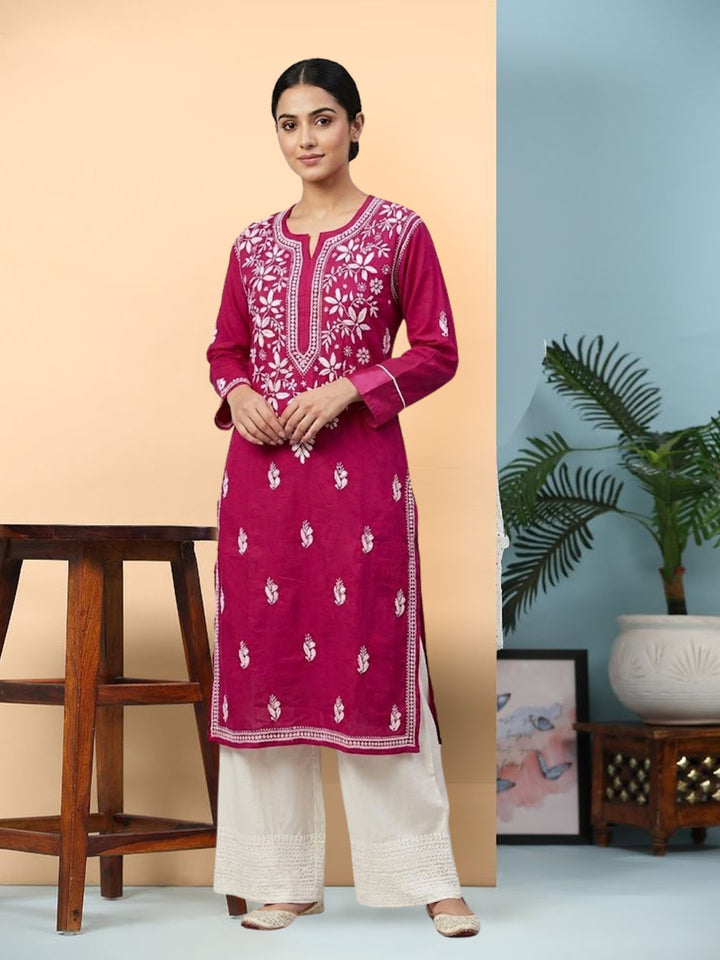 Hand Embroidered Chikankari Cotton Straight Kurta- PC3372 Magenta