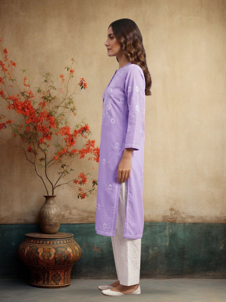 Hand Embroidered Chikankari Straight Floral  Cotton Kurta -NTV115 Purple
