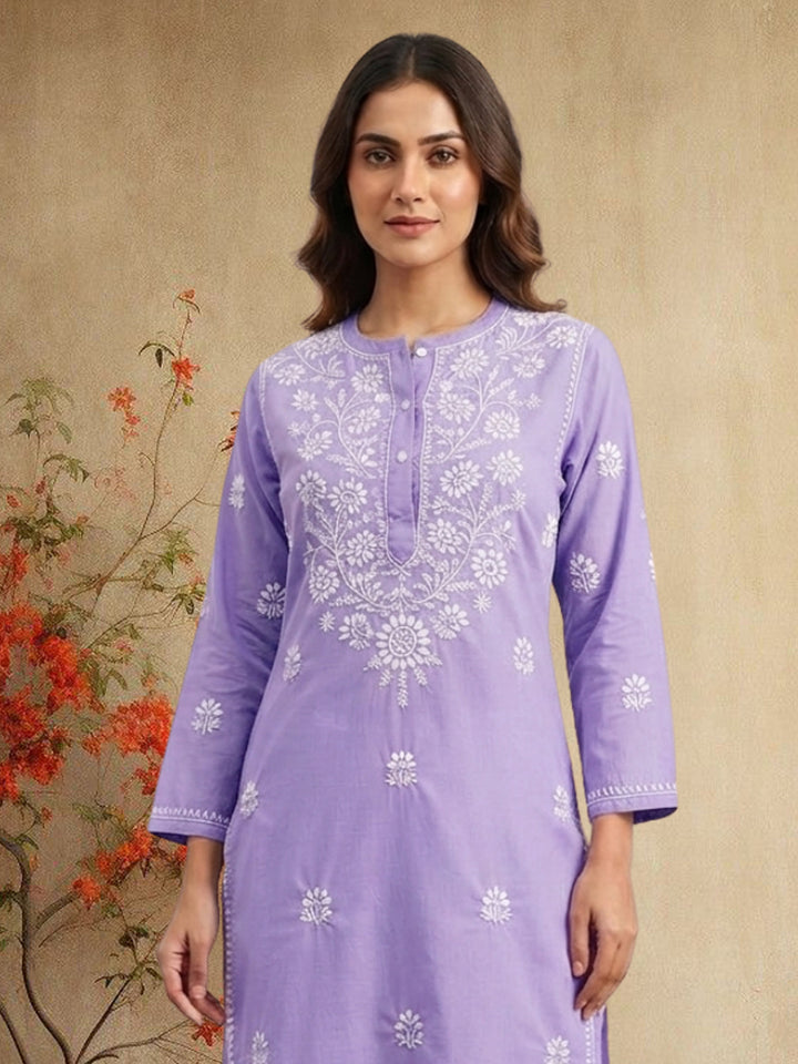 Hand Embroidered Chikankari Straight Floral  Cotton Kurta -NTV115 Purple