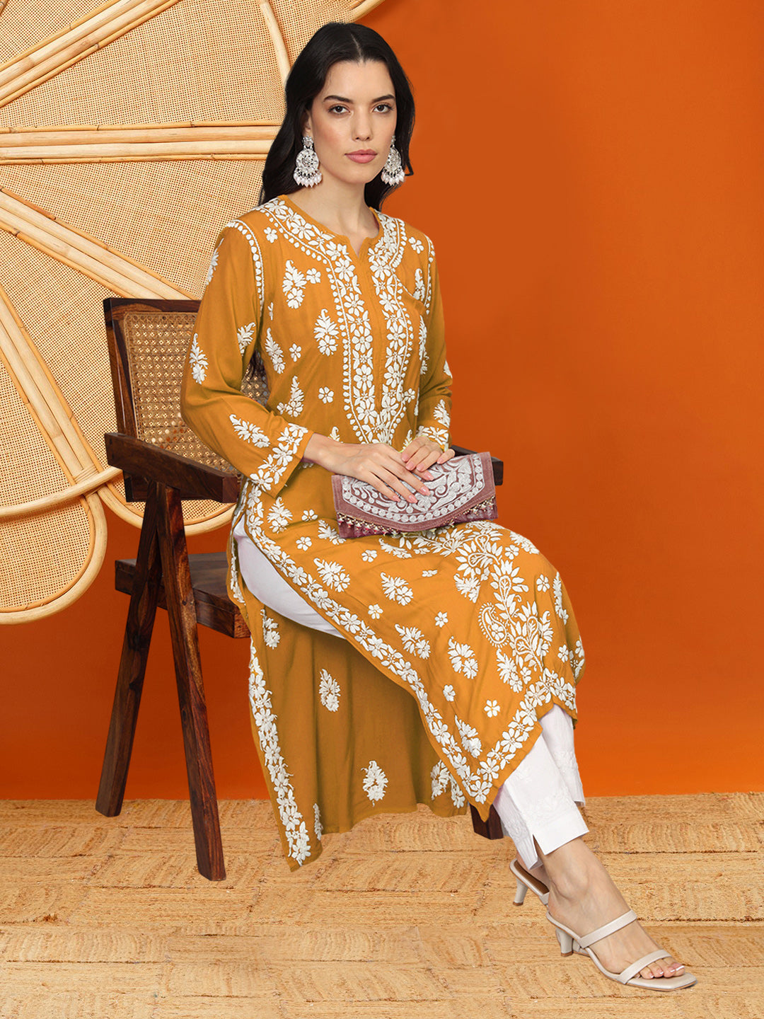 Hand Embroidered Chikankari Modal Straight Kurta- PC4042 Goldenrod