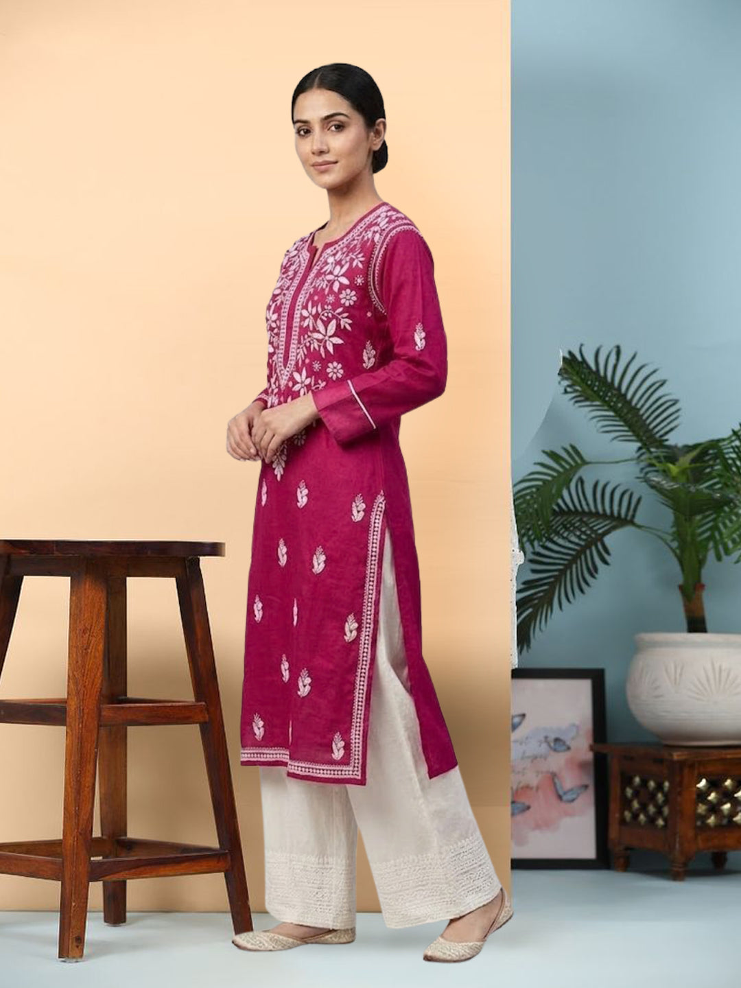 Hand Embroidered Chikankari Cotton Straight Kurta- PC3372 Magenta