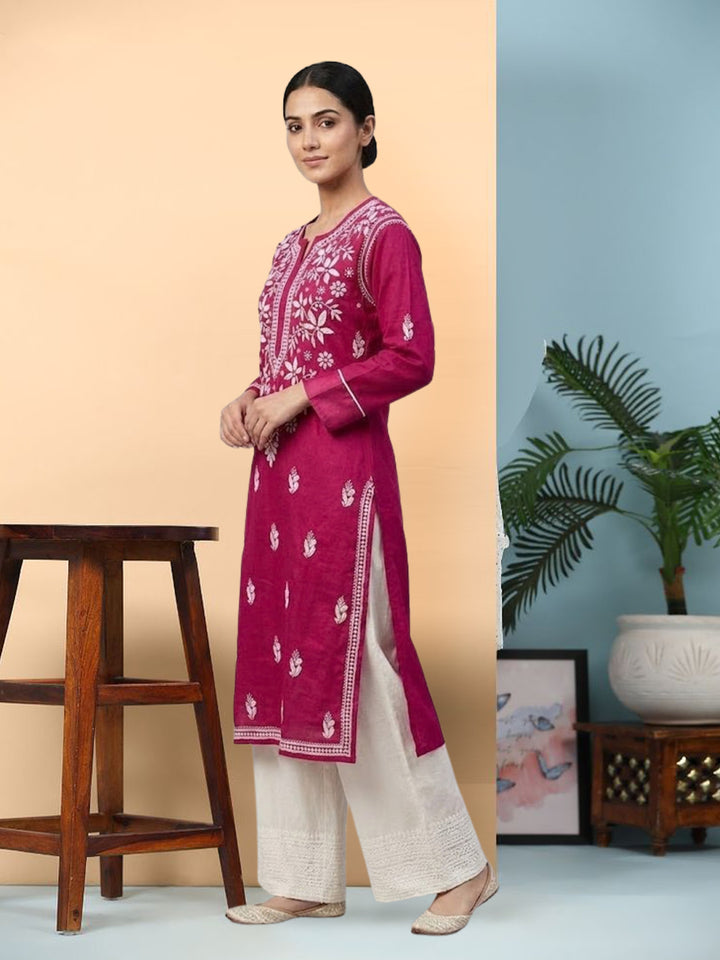Hand Embroidered Chikankari Cotton Straight Kurta- PC3372 Magenta