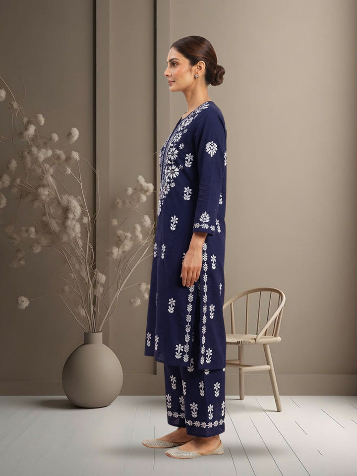 Women Hand Embroidered Chikankari Cotton Kurta Set PC4135KS Navy