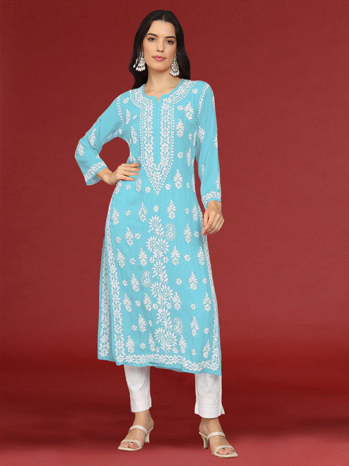 Hand Embroidered Chikankari Modal Straight Kurta- PC4042 Skyblue