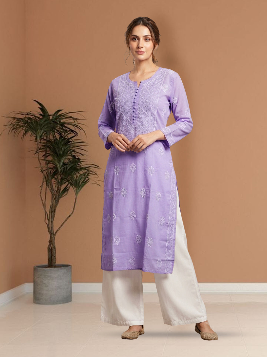 Hand Embroidered Chikankari Cotton Straight Kurta- PC3579 Purple